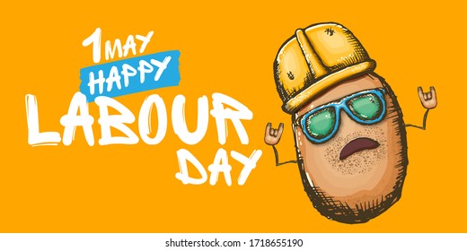 1 may labour day horizontal banner with cartoon funky rock n roll labour potato character with sunglasses and orange helmet isolated on orange background. Mayday cartoon poster design template