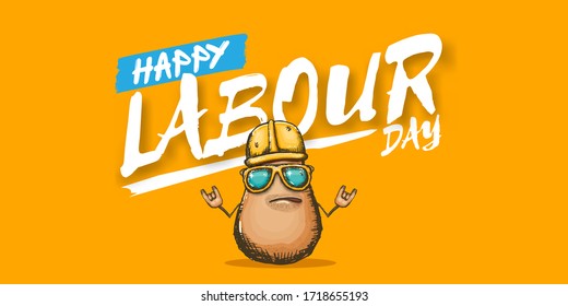1 may labour day horizontal banner with cartoon funky rock n roll labour potato character with sunglasses and orange helmet isolated on orange background. Mayday cartoon poster design template