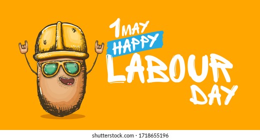 1 may labour day horizontal banner with cartoon funky rock n roll labour potato character with sunglasses and orange helmet isolated on orange background. Mayday cartoon poster design template