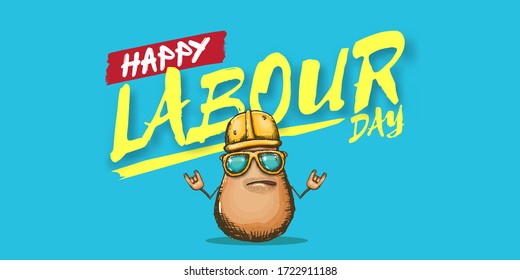 1 may labour day horizontal banner with cartoon funky rock n roll labour potato character with sunglasses and orange helmet isolated on blue background. Mayday cartoon poster design template