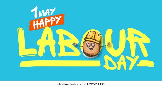 1 may labour day horizontal banner with cartoon funky rock n roll labour potato character with sunglasses and orange helmet isolated on blue background. Mayday cartoon poster design template