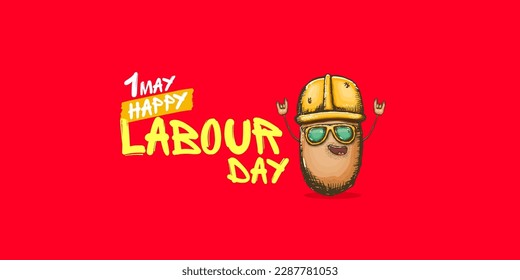 1 may labour day horizontal banner with cartoon funky rock n roll labour potato character with sunglasses and orange helmet isolated on red background. Mayday cartoon poster design template