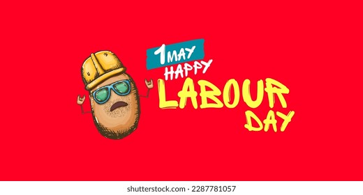 1 may labour day horizontal banner with cartoon funky rock n roll labour potato character with sunglasses and orange helmet isolated on red background. Mayday cartoon poster design template