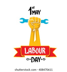 1 may - labour day. vector happy labour day poster or banner with clenched fist
