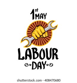 1 may - labour day. vector happy labour day poster or banner with clenched fist