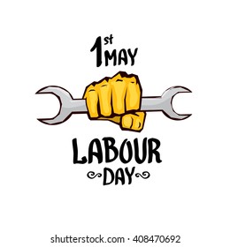 1 may - labour day. vector happy labour day poster or banner with clenched fist