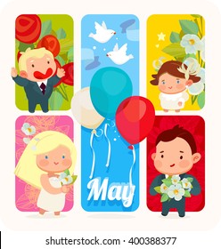 1 May set, celebration of Spring and Labour, flowers, ribbon and doves, balloons.