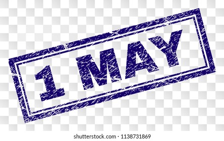1 MAY stamp seal print with rubber print style and double framed rectangle shape. Stamp is placed on a transparent background. Blue vector rubber print of 1 MAY text with dust texture.