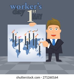 1 May Worker's Day Poster, Flyer on World Map. Presentation Businessman