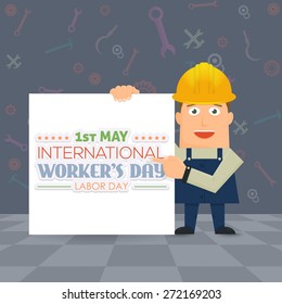 1 May Worker's Day Poster, Flyer. Presentation Construction Worker Vector Illustration