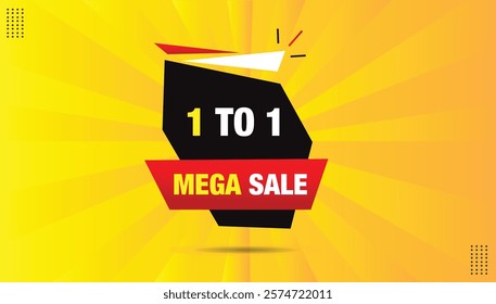 1 to 1 Mega Sale editable sticker icon label, EPS format banner template design with black shapes, bold white-yellow font, and a yellow-orange abstract hot background