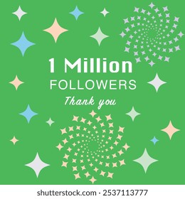 Celebración de 1 millón de seguidores, éxito de Influencer. Colorida ilustración que celebra un gran hito en las redes sociales: 1 millón de seguidores y da las gracias a su comunidad en línea.