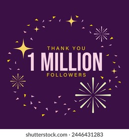 1 Million Followers Post design with confetti and fireworks, flat design, thank you 1M followers, happy celebration social media post