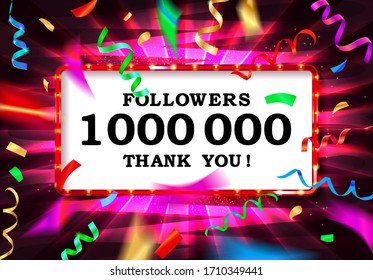 1 million followers or prize white background. Vector. Beautiful inscription surrounded by confetti and ribbons in a frame on a luminous background