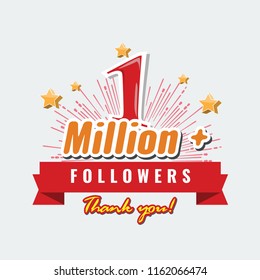 1 Million followers or subscribers achivement symbol design with ribbon and star for social media. Vector illustration.