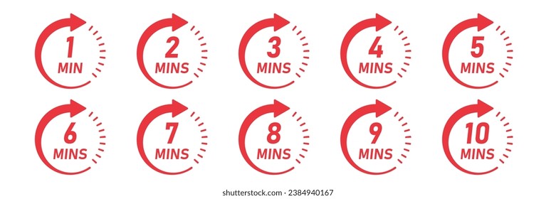 From 1 minite to 10 minutes on stopwatch icon in flat style. Clock face timer vector illustration on isolated background. Countdown sign business concept.