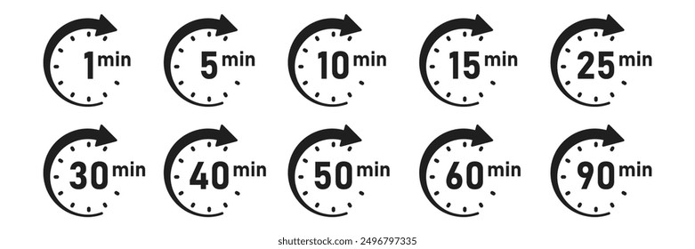 De 1 minuto a 90 minutos en el icono de cronómetro en estilo plano. Ilustración vectorial del temporizador de la cara del reloj sobre fondo aislado. Concepto de negocio de signo de cuenta regresiva.