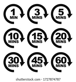 From 1 minute to 60 minutes service waiting time icon set - Vector illustration arrow pictograms