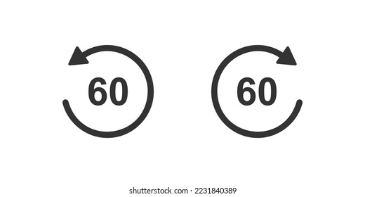 1 minute or 60 seconds rewind and fast forward icons with circle arrows. Round repeat and next buttons isolated on white background. Media player playback elements. Vector graphic illustration