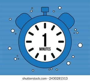 1 Minutes clock. Minute marker alarm isolated on blue background. Time counter clock vector