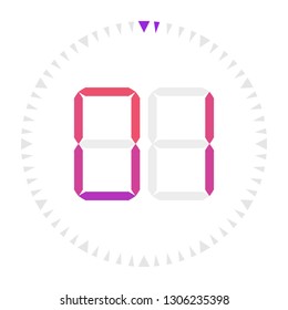 The  1 minutes, stopwatch vector icon, digital timer. Vector digital count down circle board with circle time pie diagram. Watch outline style design, designed for web and app.