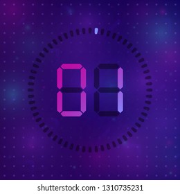 The 1 minutes, stopwatch vector icon, digital timer. Vector digital count down circle board with circle time pie diagram. Watch outline style design, designed for web and app.