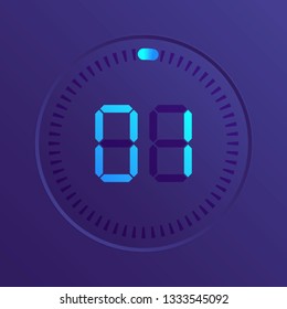 The 1 minutes, stopwatch vector icon, digital timer. Vector digital count down circle board with circle time pie diagram. Watch outline style design, designed for web and app.