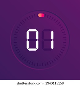 The 1 minutes, stopwatch vector icon, digital timer. Vector digital count down circle board with circle time pie diagram. Watch outline style design, designed for web and app.