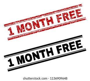 1 MONTH FREE stamp seal print with red grunge and clean black version. Red vector rubber print of 1 MONTH FREE title with retro texture. Tags are placed between double parallel lines.