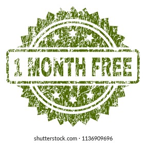 1 MONTH FREE stamp seal watermark with rubber print style. Green vector rubber print of 1 MONTH FREE tag with scratched texture.