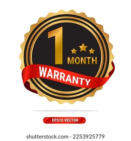 1 month warranty golden seal, stamp, badge, stamp, sign, label with red ribbon isolated on white background.
