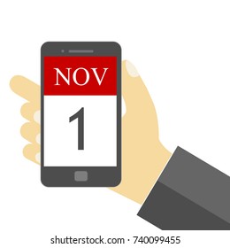 1 de noviembre - Empresario con teléfono móvil con 1 nov SMS - ilustración - Vector