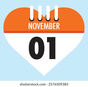1 November calendar icon orange heart shape on light sky blue color background, calendar vector symbol for the month of November.