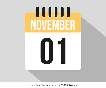 1 November calendar vector icon. Yellow november date for the days of the month and week