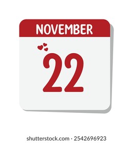 Icono de calendario de fecha de 1 de noviembre con corazones rojos y fondo blanco