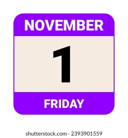 1 November, Friday. Date template. Useful design for calendar or event promotion. Vector illustration EPS 10 File. Isolated on white background. 