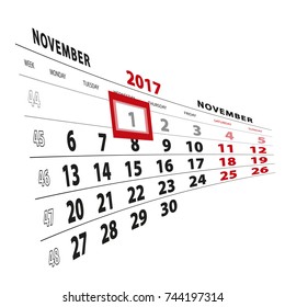 1 November highlighted on calendar 2017. Week starts from Monday. Vector Illustration.