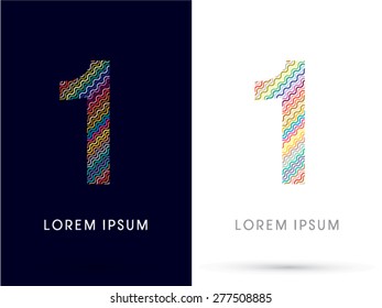 1 ,Number, font, designed using colorful zigzag line, graphic, vector.