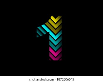 1 number font logo with cmyk color. Dynamic split blue, pink, yellow color on black background. For social media,design elements, creative poster, brand label and more