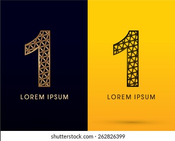 1 ,Number, Luxury font, designed using gold and black triangle geometric shape. on dark and yellow  background, sign ,logo, symbol, icon, graphic, vector.