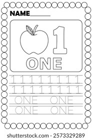 1, Number One.An apple.Number tracing worksheet for kindergarten.Preschool math practice.Coloring page.Kids learning.Activity for children.Book page with outline.Printable.Cartoon vector illustration.