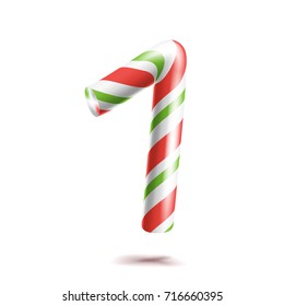 1, Number One Vector. 3D Number Sign. Figure 1 In Christmas Colours. Red, White, Green Striped. Classic Xmas Mint Hard Candy Cane. New Year Design. Isolated On White Illustration