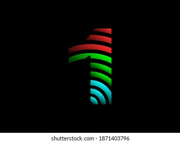 1 number vector desing, rgb color font logo. Dynamic split red, green, blue color on black background. For social media,design elements, creative poster, web template and more


