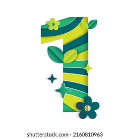 1 Numeric Number Character Environmental Eco Environment Day Leaf Font Letter Cartoon Style Abstract Paper Sparkle Shine Green Mountain Geography Contour 3D Paper Layer Cutout Card Vector Illustration