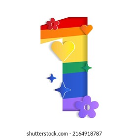 1 Numeric Number Character Letter Abstract White Lively Flower Heart Sparkle Shine Pride Month LGBTQIA+ Rainbow ​Colorful Red Orange Yellow Green Blue Violet 3D Paper Cutout Card Vector Illustration