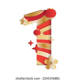 1 Numeric Number Chinese New Year Concept Character Font Letter Abstract Paper Flower Lantern Lunar Festival Element Sparkle Shine Gradient Gold Red 3D Paper Layer Cutout Card Vector Illustration