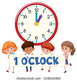 1 o'clock and students illustration