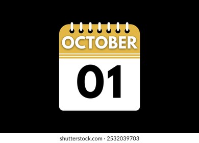Diseño web mensual de la página de texto del ícono del calendario del 1 de octubre sobre el Vector, el ícono o la ilustración de fondo dorado, negro y blanco con el mes del 1 de octubre