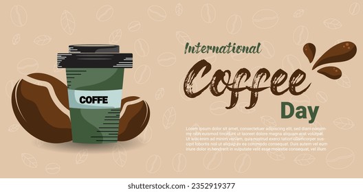1 October, International Coffee Day with pattern brown color an leaf and beans coffee . greeting card, poster and banner. Vector illustration background. space text for your name shop and tagline
