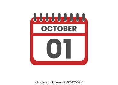 1 October month single day vector, illustration, calendar with red, black and white color background calendar October 1